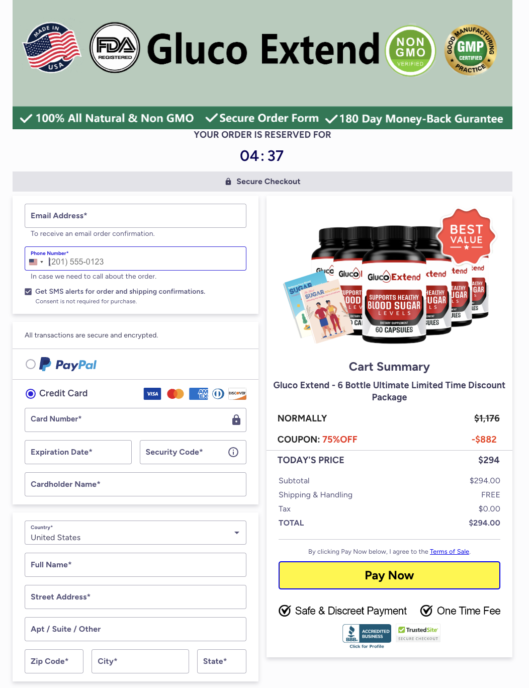 Gluco Extend secure order page - SSL encrypted checkout